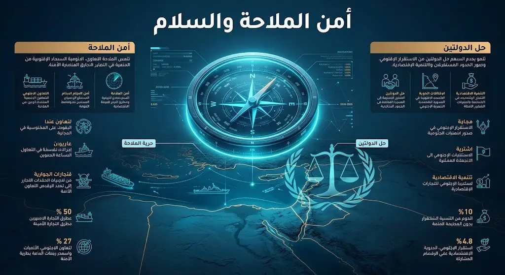تصميم إبداعي يدمج بين بوصلة الملاحة البحرية ورموز السلام، تعبيراً عن جهود حفظ أمن الملاحة ودعم مساعي حل الدولتين.