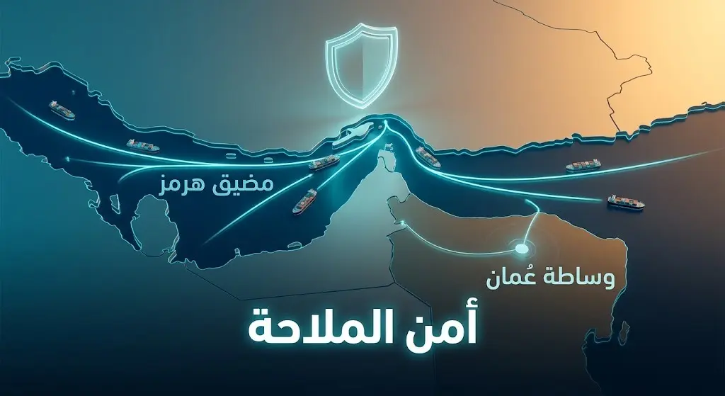 خريطة إنفوجرافيك ثلاثية الأبعاد لمضيق هرمز تبرز مسارات الملاحة البحرية والجهود الدبلوماسية للتهدئة.