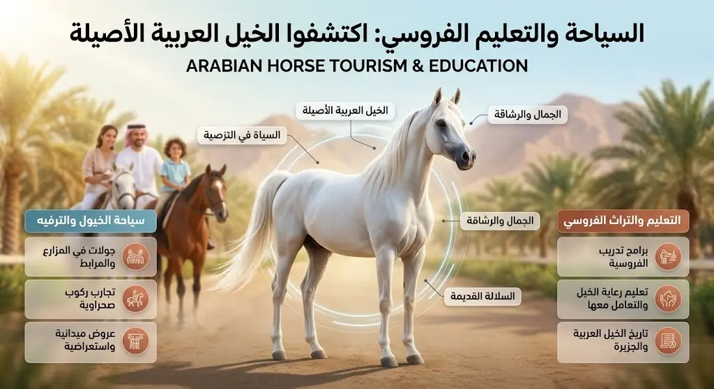 إنفوجرافيك تفاعلي يستعرض جماليات الخيل العربية الأصيلة والبرامج التثقيفية والترفيهية المخصصة للعائلات.