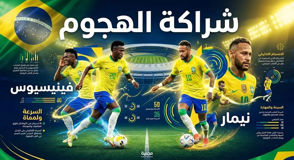 تصميم فني يبرز القوة الهجومية للبرازيل باجتماع الثنائي فينيسيوس جونيور ونيمار دا سيلفا.