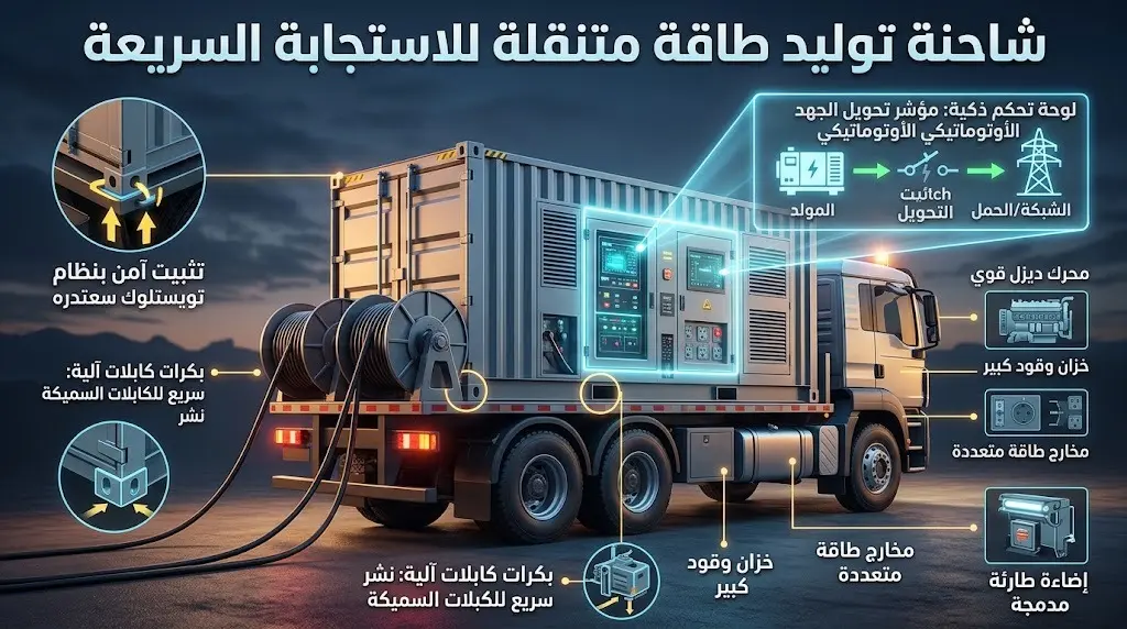 رسم توضيحي للأنظمة المتقدمة في المولدات المتنقلة، يبرز بكرات الكابلات الآلية وأنظمة التحكم السريعة.