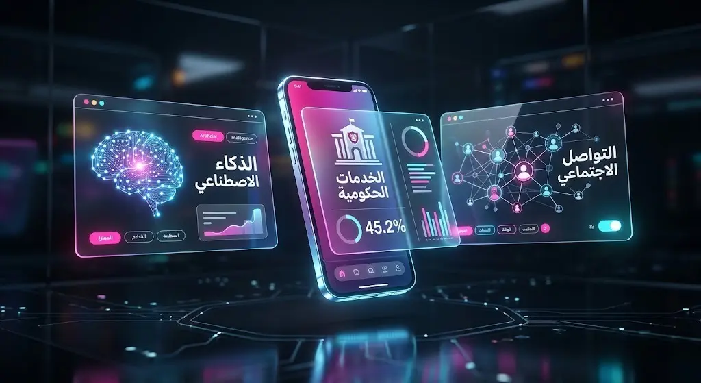 تصميم ثلاثي الأبعاد يجسد أنماط الاستخدام الرقمي وتطبيقات الذكاء الاصطناعي والخدمات الحكومية عبر واجهات تفاعلية مضيئة.