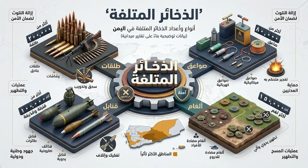 إنفوجرافيك بياني يستعرض أنواع الذخائر غير المنفجرة وأعدادها التي تم إتلافها، مثل الطلقات والصواعق والألغام.