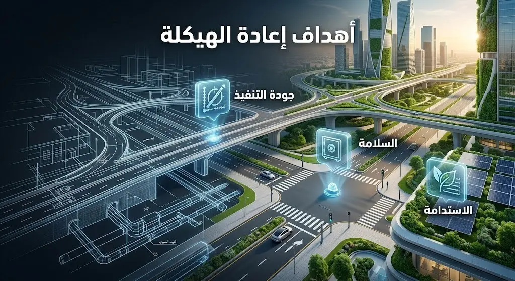 تصميم مفاهيمي يدمج بين المخططات الهندسية الدقيقة والبنية التحتية الذكية والمستدامة، مع رموز الجودة والسلامة.
