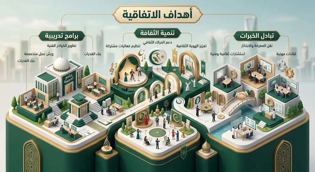 إنفوجرافيك عصري يستعرض أهداف اتفاقية التعاون المشترك بين إمارة نجران وبيت الثقافة، متضمناً تبادل الخبرات وإطلاق البرامج التدريبية لتنمية الحراك الثقافي.