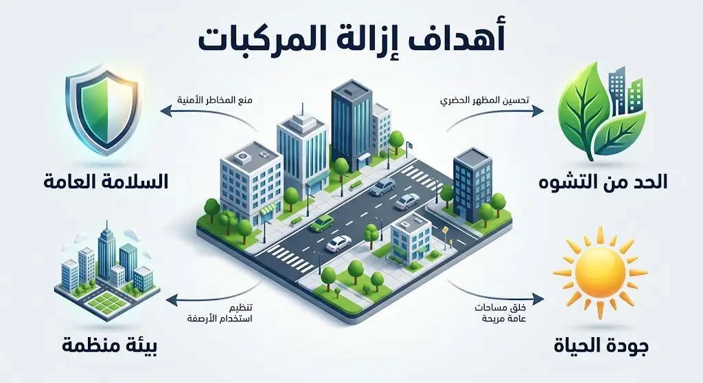 إنفوجرافيك يوضح أهداف حملات أمانة الأحساء لإزالة المركبات المهملة وتشمل تعزيز السلامة العامة والحد من التشوه البصري وتحسين جودة الحياة.