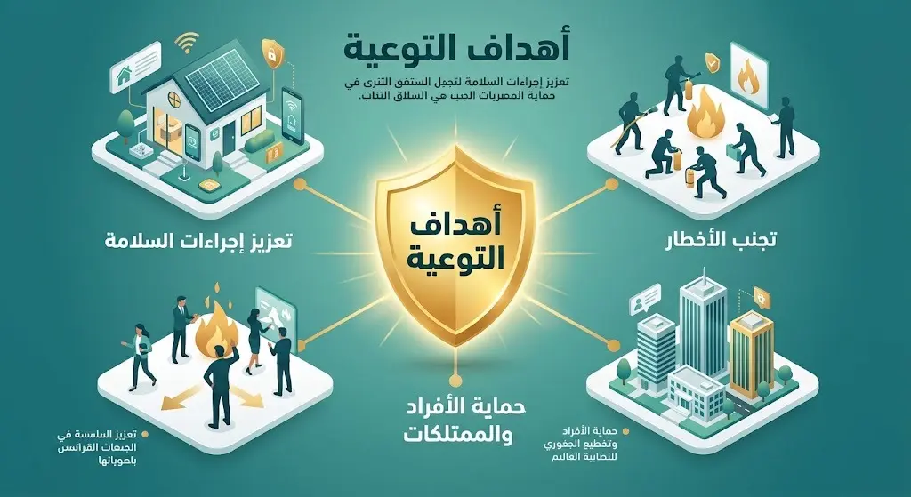 إنفوجرافيك احترافي يستعرض أهداف الإجراءات التوعوية المتمثلة في حماية الأفراد والممتلكات وتعزيز السلامة.