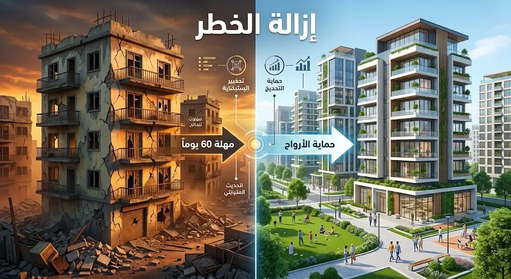 إنفوجرافيك يوضح الإجراءات النظامية وتفاصيل مهلة الإزالة للمباني المتهالكة حفاظاً على الأرواح