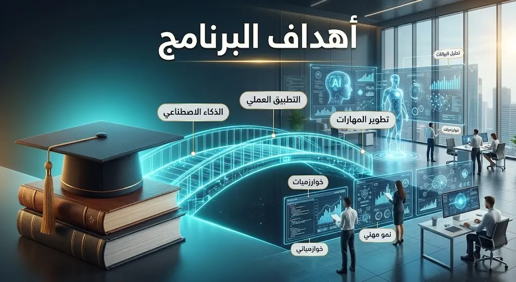 تصميم إبداعي يجسد الجسر المعرفي بين الدراسة الأكاديمية والتطبيق العملي لتقنيات الذكاء الاصطناعي في بيئة العمل.