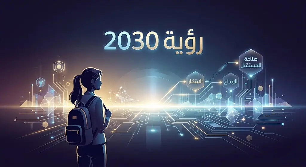 تصميم تعبيري مستقبلي يجسد تطلعات الطالبات الموهوبات نحو الابتكار والإبداع وبناء مهارات المستقبل بما يتماشى مع مستهدفات رؤية السعودية 2030.