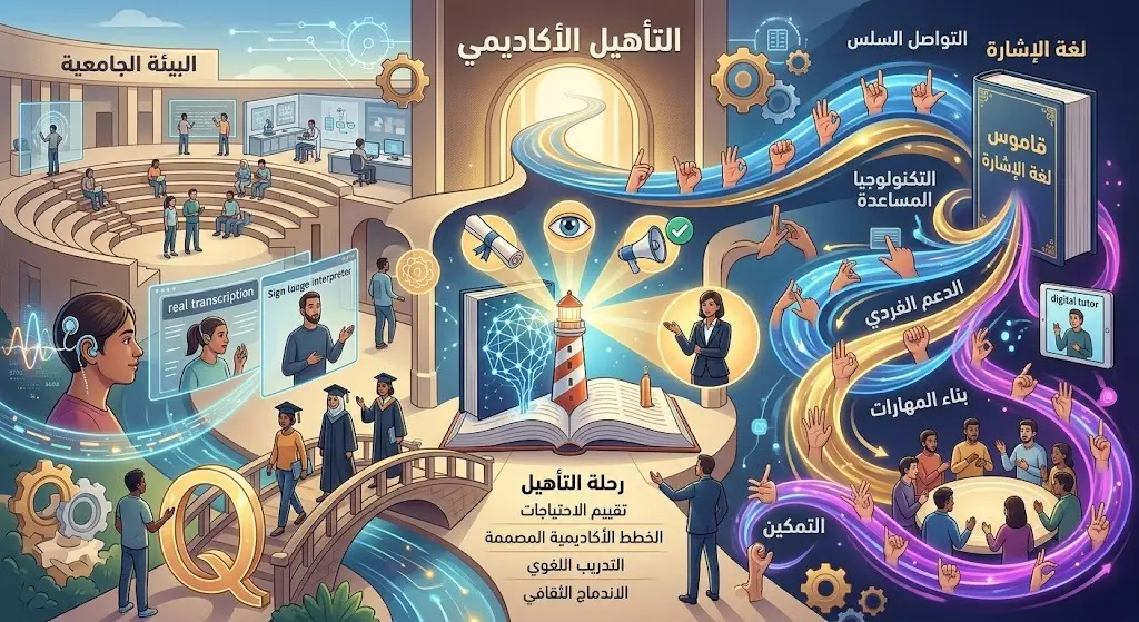 تصميم إبداعي يجسد بيئة جامعية داعمة للطلاب الصم وضعاف السمع مع نصوص توضيحية لبرنامج التأهيل