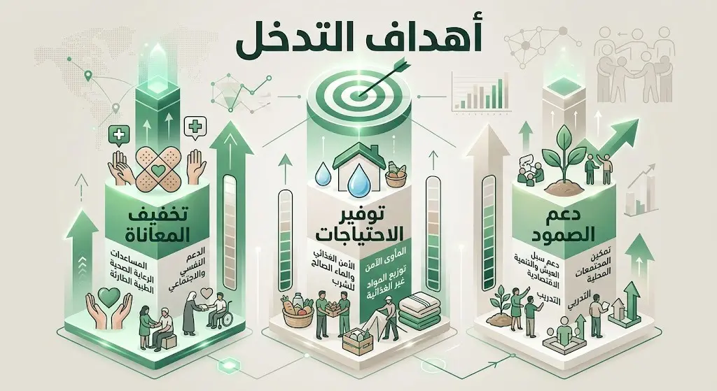 تصميم بصري يعرض الأهداف الرئيسية للتدخل الإنساني السعودي في غزة: تخفيف المعاناة، توفير الاحتياجات الأساسية، ودعم صمود الأهالي.