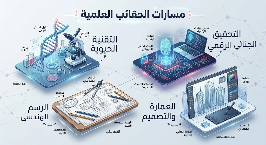 إنفوجرافيك احترافي يعرض مسارات الحقائب العلمية الأربعة لبرنامج موهبة: التقنية الحيوية، التحقيق الجنائي الرقمي، الرسم الهندسي، والعمارة بتصميم حديث ونصوص عربية دقيقة.
