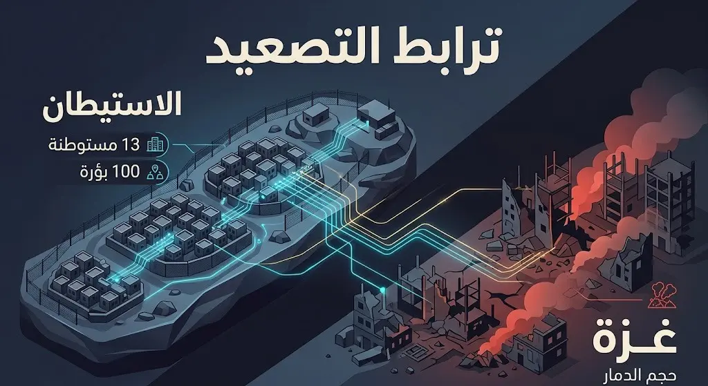 تصميم بصري يربط بين المخططات الاستيطانية المتصاعدة في الضفة الغربية وحرب الإبادة في قطاع غزة.