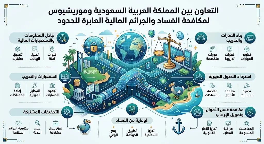 إنفوجرافيك يوضح أهداف التعاون المشترك بين السعودية وموريشيوس في مجالات حماية النزاهة والوقاية من الفساد.