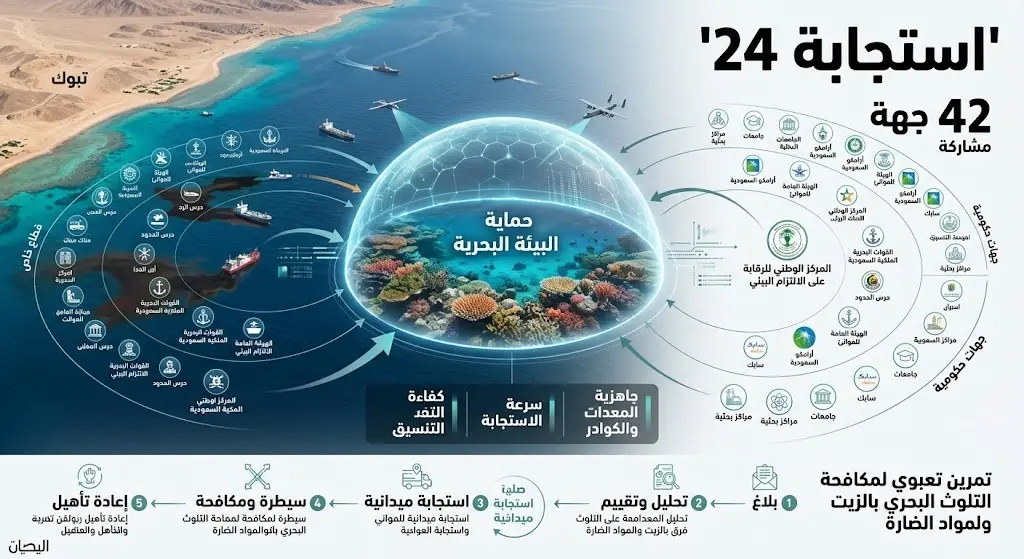 تصميم إنفوجرافيك يبرز أهداف تمرين استجابة 24 لحماية البيئة البحرية بمشاركة 42 جهة.