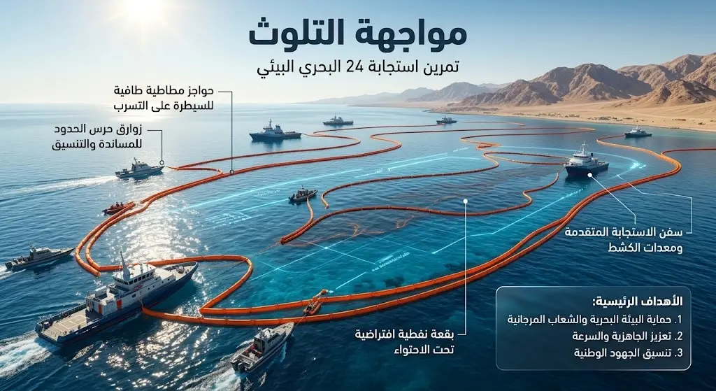 تصميم إنفوجرافيك يوضح جهود القوارب البحرية في نشر حواجز مطاطية لاحتواء تسرب نفطي افتراضي ضمن تمرين استجابة 24 في سواحل تبوك.