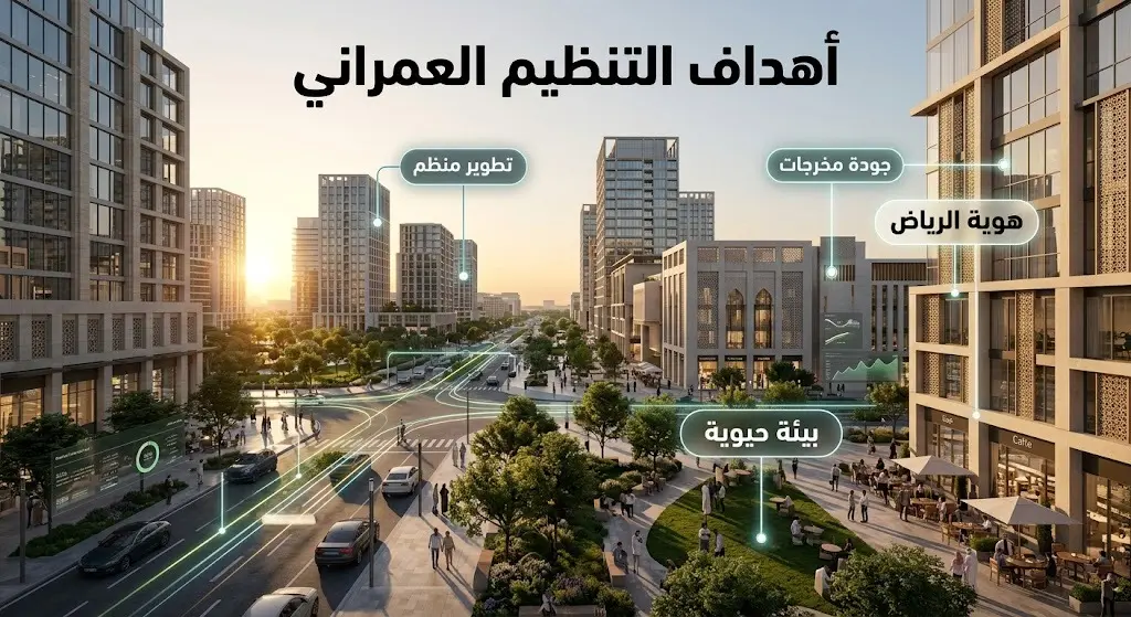إنفوجرافيك يوضح أهداف التنظيم العمراني الجديد في مدينة الرياض متضمناً تطوير البيئة الحضرية وتأصيل الهوية المعمارية.