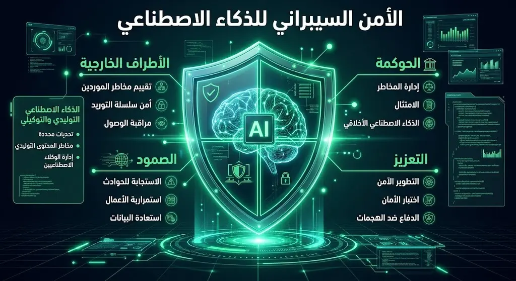 إنفوجرافيك يستعرض المكونات الأربعة الأساسية لوثيقة إرشادات الأمن السيبراني للذكاء الاصطناعي وهي الحوكمة، التعزيز، الصمود، والأطراف الخارجية.