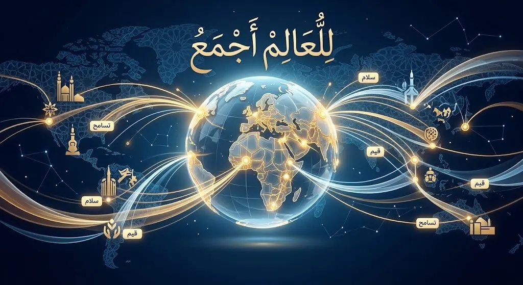 تصميم بصري إبداعي يجسد انتشار ترجمات معاني القرآن الكريم عالمياً بهدف نشر القيم الإسلامية ورسالة السلام.