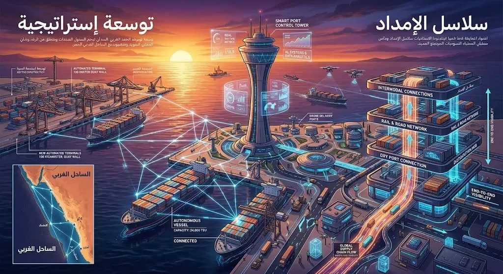 مشهد تعبيري يجسد التوسعة الإستراتيجية للموانئ على الساحل الغربي للمملكة وارتباطها بشبكات الخدمات اللوجستية الحديثة.