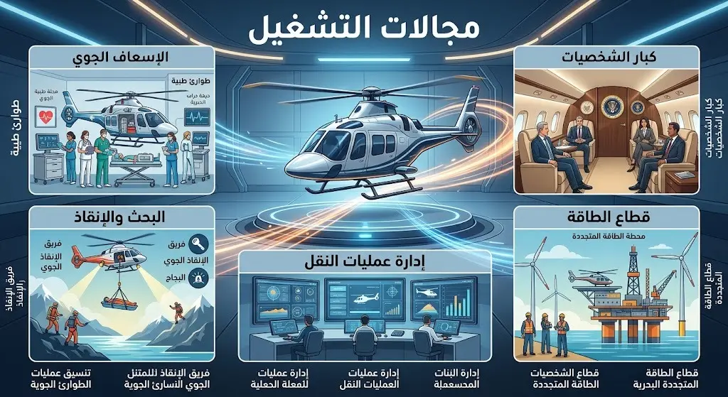 تصميم إنفوجرافيك يوضح مجالات تشغيل المروحيات الجديدة وتشمل الإسعاف الجوي، ونقل كبار الشخصيات، ودعم قطاع الطاقة البحرية.
