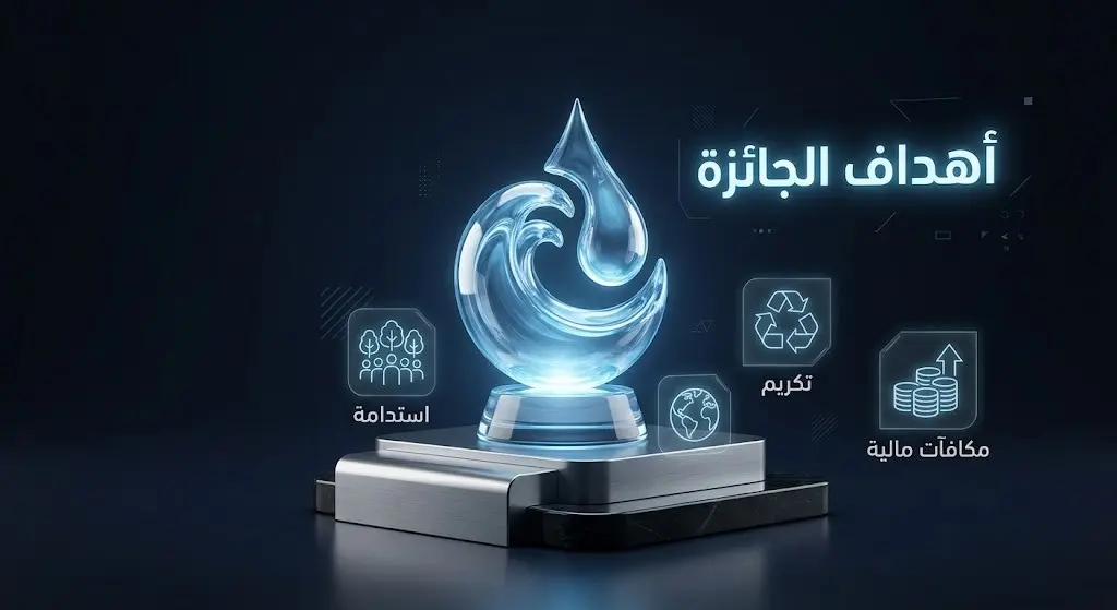 تصميم فني لدرع زجاجي مضيء على شكل قطرة ماء يرمز للتميز، محاط برموز الاستدامة والمكافآت المالية لجائزة مائي.