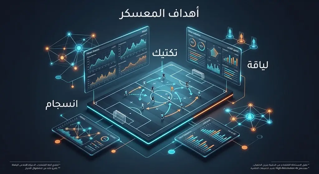 تصميم معلوماتي يوضح الأهداف الفنية والبدنية والتكتيكية للجهاز الفني من إقامة المباريات الودية