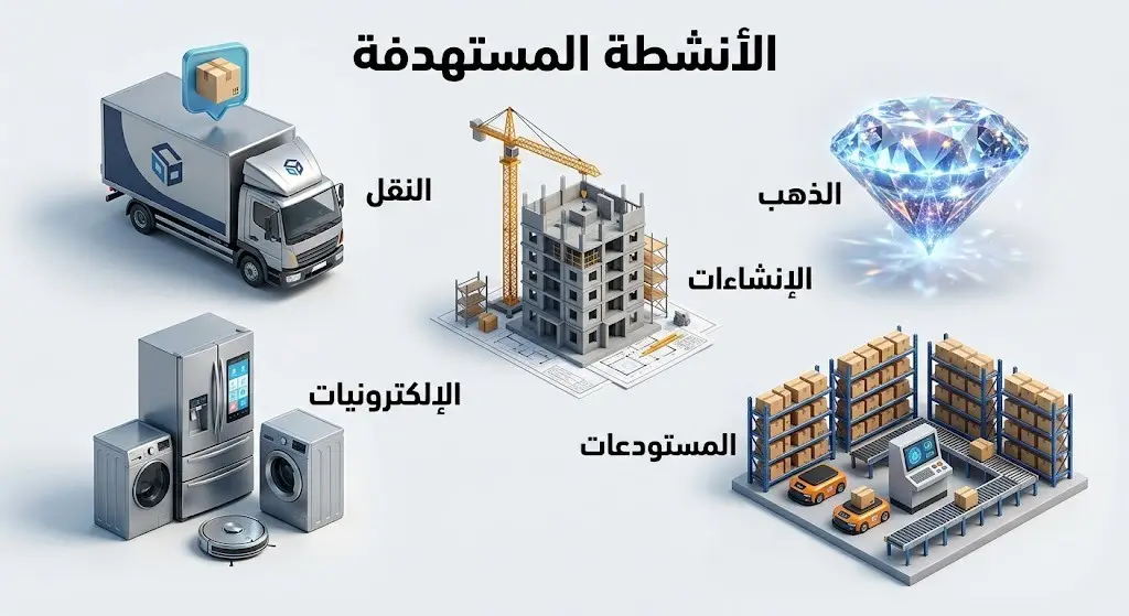 إنفوجرافيك ثلاثي الأبعاد يستعرض الأنشطة التجارية المستهدفة بالجولات الرقابية مثل النقل والإنشاءات والإلكترونيات.