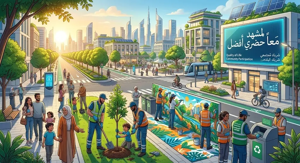 تصميم تعبيري يجسد تضافر جهود المجتمع مع الأمانة للارتقاء بالمشهد الحضري وتحقيق التنمية المستدامة.