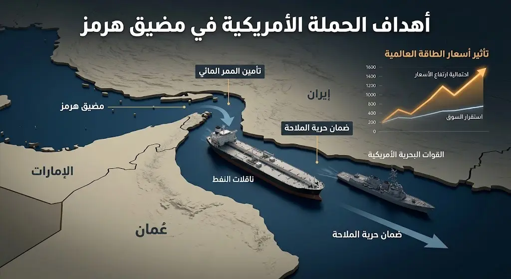 تصميم إنفوجرافيك يوضح أهداف الحملة الأمريكية في مضيق هرمز وتأثيرها على حركة ناقلات النفط وأسعار الطاقة العالمية.