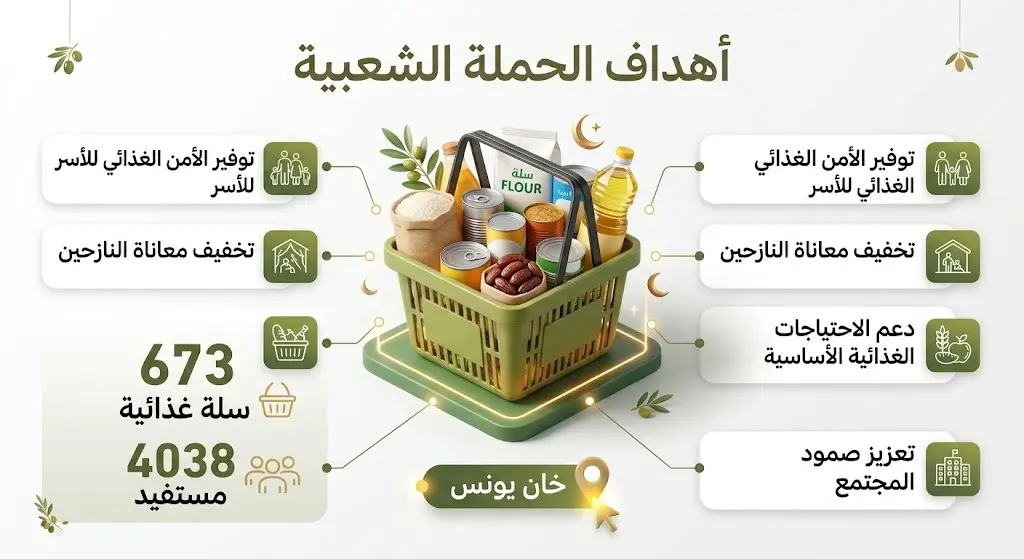 إنفوجرافيك يوضح أعداد المستفيدين من السلال الغذائية ضمن الحملة الشعبية السعودية في خان يونس.