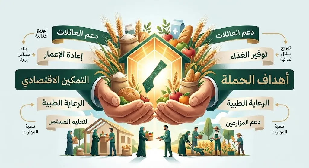 تصميم بصري تعبيري يبرز أهداف الحملة الإغاثية في دعم وتعزيز صمود الأسر وتوفير احتياجاتهم الأساسية