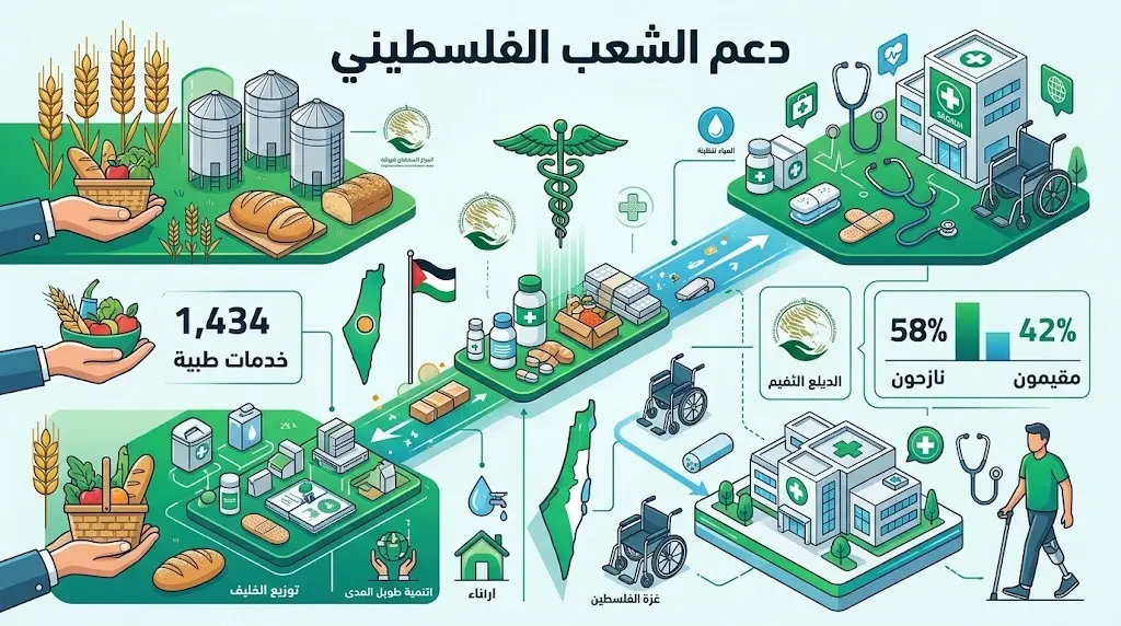 تصميم بياني يستعرض أهداف الحملة الشعبية السعودية، مبرزاً المساعدات الغذائية و1,434 خدمة طبية موزعة بين النازحين والمقيمين.