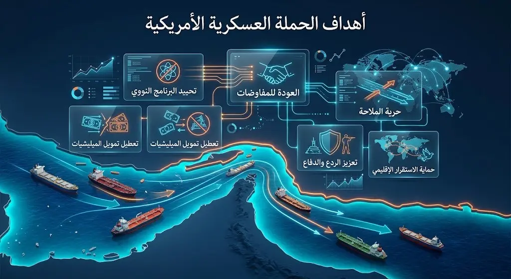 تصميم إنفوجرافيك تعبيري يجسد مضيق هرمز ومرور السفن التجارية، مع إبراز أهداف واشنطن المتمثلة في تأمين الملاحة والضغط للعودة للمفاوضات.