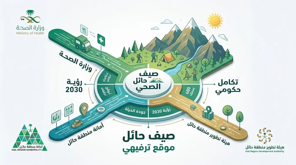 تصميم بياني يوضح التكامل الحكومي بين وزارة الصحة والجهات المعنية في حائل لتعزيز الأنماط الصحية، وتجهيز 600 موقع ترفيهي لتحقيق مستهدفات جودة الحياة.