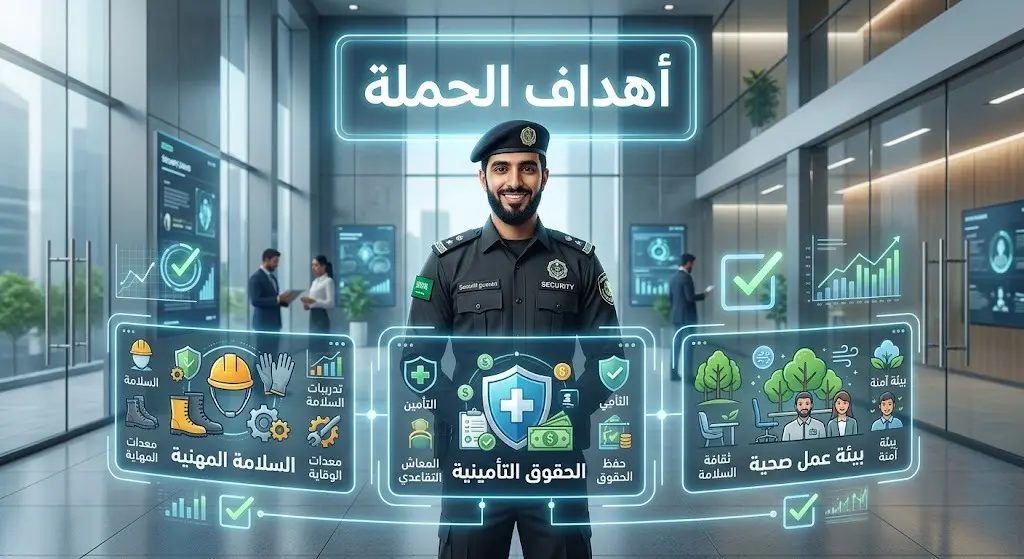 تصميم إبداعي يظهر حارس أمن محاطاً برموز الحماية الرقمية والدروع، مع نصوص عربية تبرز أهداف الحملة في توفير بيئة عمل آمنة.