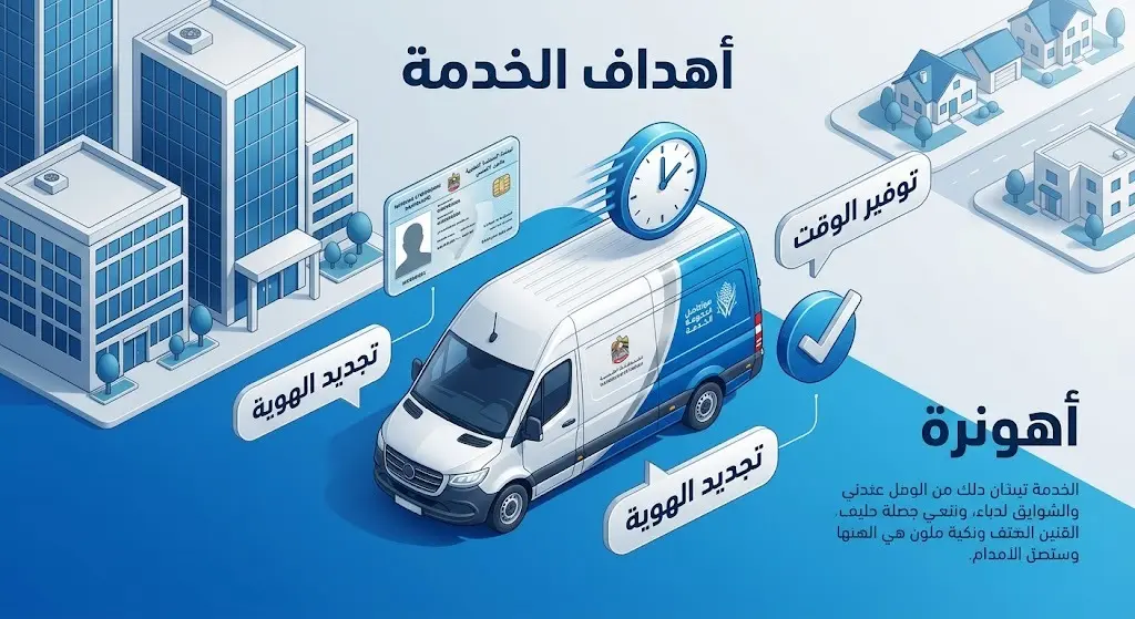 تصميم مفاهيمي يوضح أهداف الوحدات المتنقلة للأحوال المدنية، ممثلة في سيارة خدمة مجهزة وأيقونات ترمز للسرعة وإنجاز الهوية الوطنية.