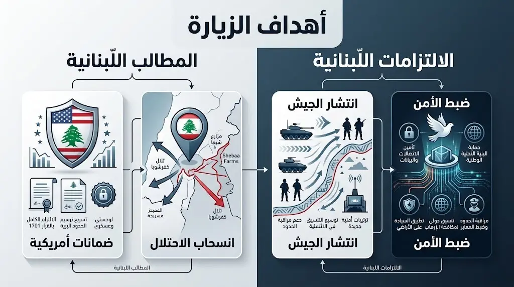 إنفوجرافيك احترافي يوضح أهداف زيارة الرئيس اللبناني إلى واشنطن، متضمناً المطالب اللبنانية بالانسحاب الإسرائيلي والضمانات الأمريكية مقابل انتشار الجيش اللبناني.