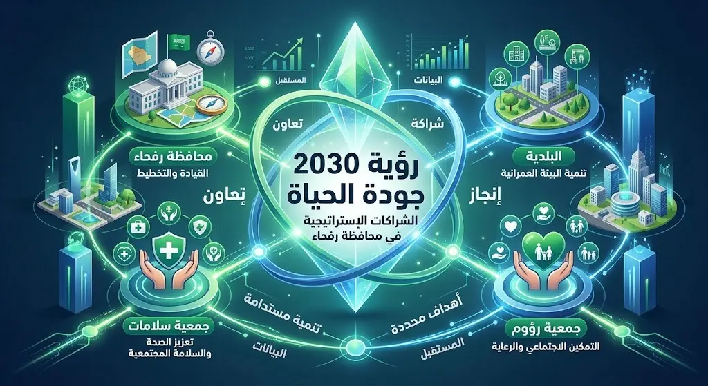 إنفوجرافيك يوضح الشراكات الإستراتيجية بين محافظة رفحاء والجهات المحلية لدعم جودة الحياة وتحقيق رؤية 2030.
