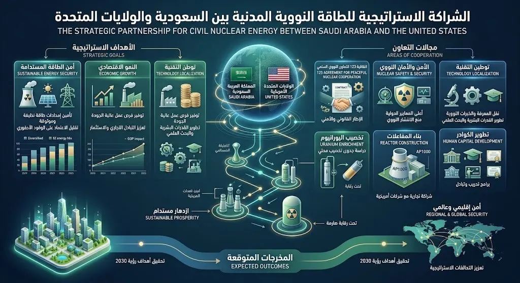 إنفوجرافيك بياني يوضح أهداف الشراكة الاستراتيجية ومجالات التعاون في قطاع الطاقة النووية المدنية.