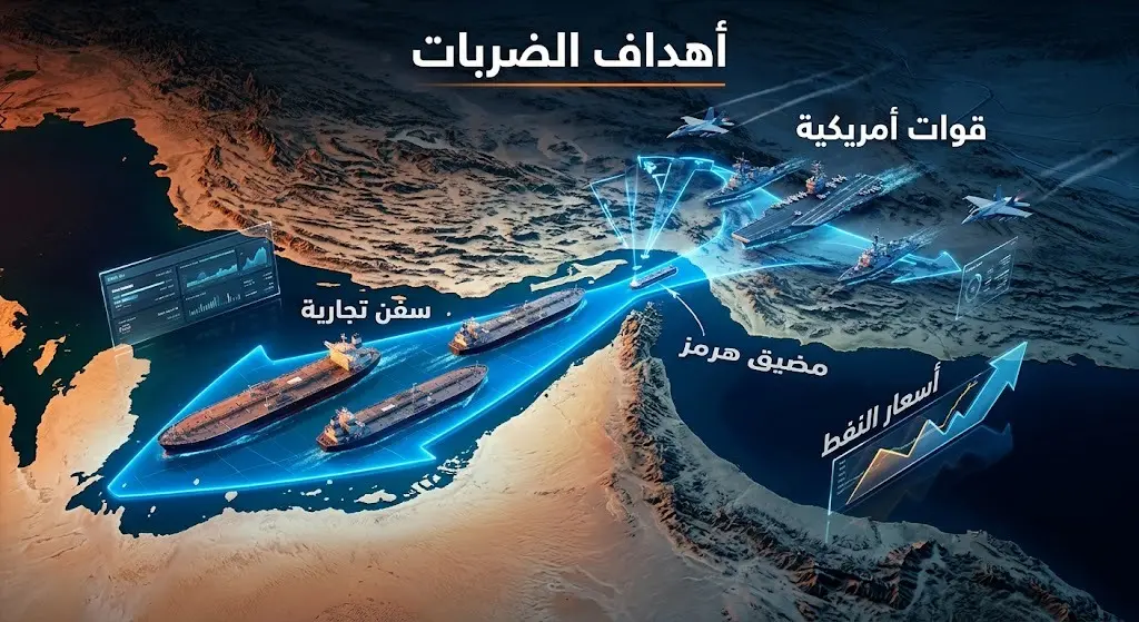 إنفوجرافيك ثلاثي الأبعاد يوضح أهداف الضربات الأمريكية لتأمين الملاحة وحماية السفن التجارية في مضيق هرمز