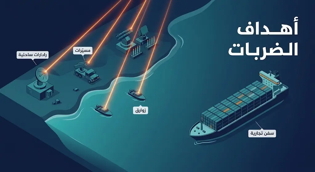 إنفوجرافيك يوضح الأهداف العسكرية التي ضربتها القوات الأمريكية لحماية السفن التجارية في الممرات المائية.