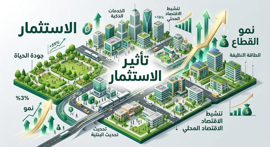 إنفوجرافيك ثلاثي الأبعاد يوضح أهداف ضوابط الاستثمار وتأثيرها الإيجابي على تطور المدن ونمو القطاع الخاص وجودة الحياة.