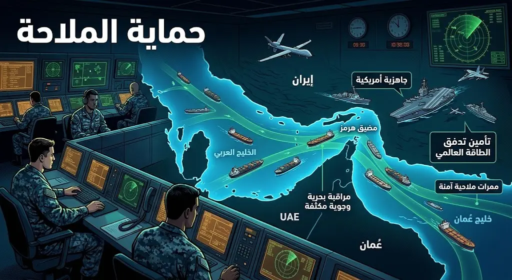 تصميم تعبيري يدمج بين خريطة مضيق هرمز وحركة السفن التجارية مع مظاهر الجاهزية العسكرية لحماية الملاحة.