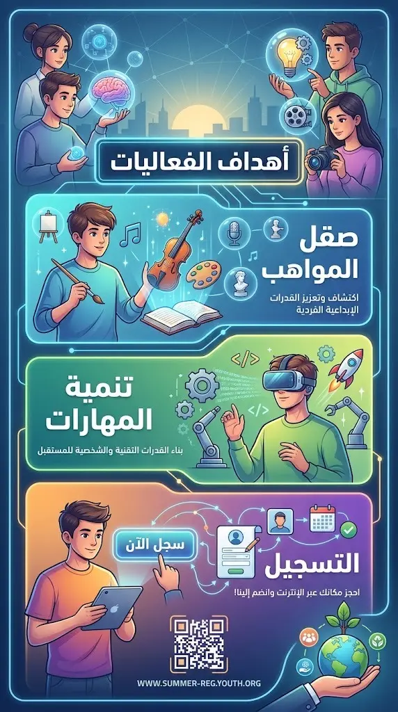 بطاقة معلومات بصرية تعبر عن أهداف المهرجان الصيفي في تنمية المهارات وتوضح طرق التسجيل الإلكتروني للشباب.