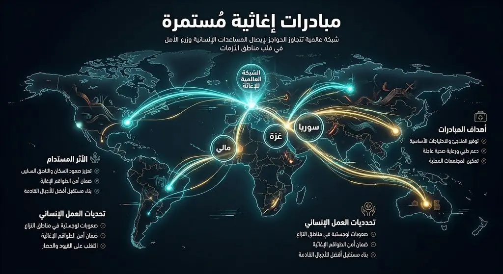 رسم بياني يبرز امتداد المبادرات الإغاثية لمركز الملك سلمان للإغاثة من مالي لتشمل مناطق الصراع في سوريا وقطاع غزة.