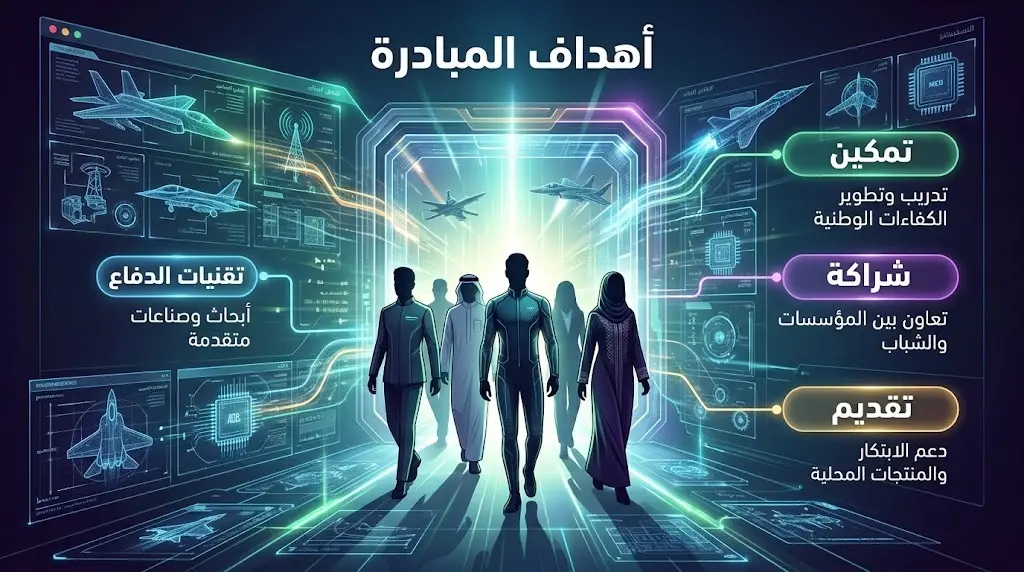 تصميم تعبيري يبرز أهداف المبادرة في تمكين الطاقات البشرية الشابة للعمل في قطاع الصناعات العسكرية وخطوات التقديم الإلكتروني.