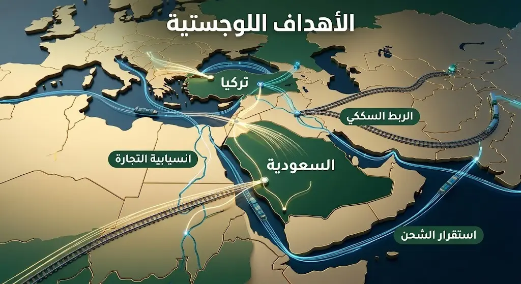 تصميم بصري يبرز أهداف المملكة في تعزيز انسيابية التجارة العالمية والربط اللوجستي مع تركيا وأوروبا عبر مسارات برية وبحرية.