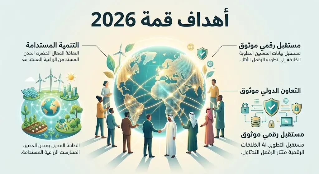 تصميم بصري يعبر عن أهداف المشاركة في قمة الذكاء الاصطناعي 2026، مبرزاً مفاهيم التنمية المستدامة والتعاون الدولي.